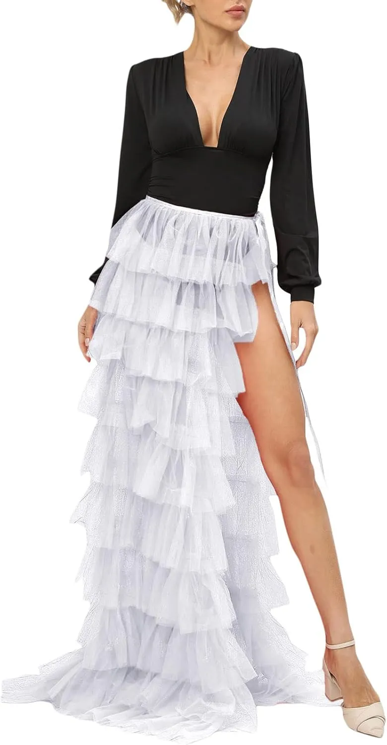 Women Long High Low Ruffles Tulle Skirt Solid Color Mesh Tied-Up Irregular Floor-Length Party Train Overskirt Cover Ups