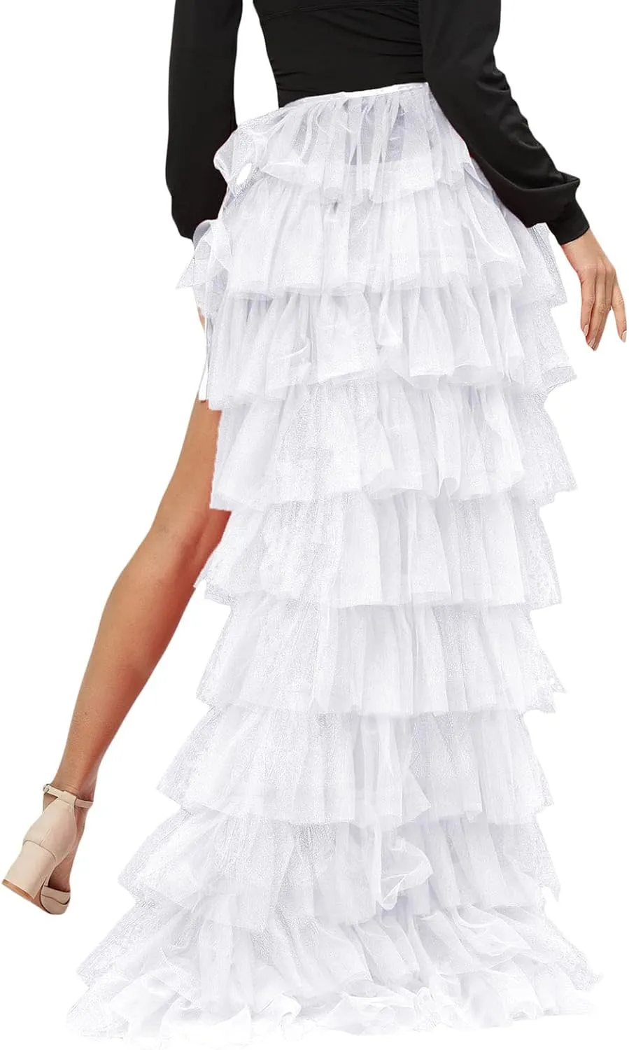 Women Long High Low Ruffles Tulle Skirt Solid Color Mesh Tied-Up Irregular Floor-Length Party Train Overskirt Cover Ups