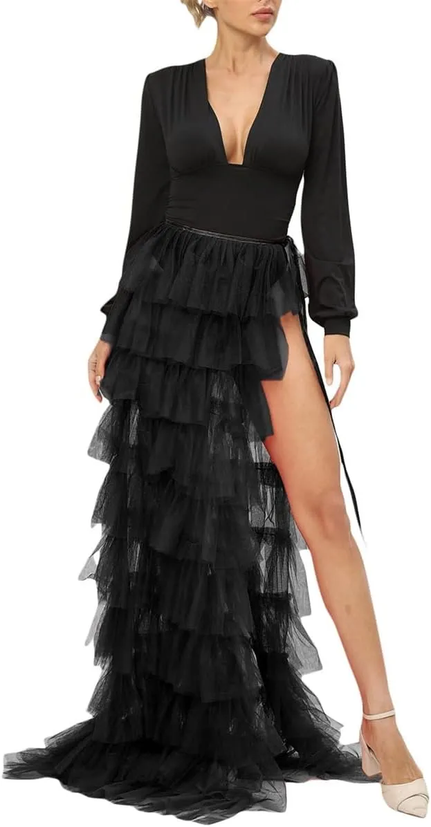 Women Long High Low Ruffles Tulle Skirt Solid Color Mesh Tied-Up Irregular Floor-Length Party Train Overskirt Cover Ups