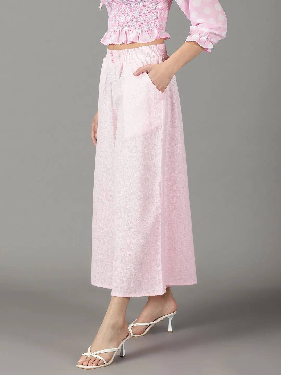 Women Pink Flared High-Rise Linen Culottes Trouser