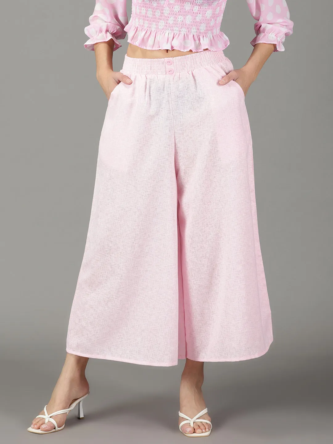 Women Pink Flared High-Rise Linen Culottes Trouser