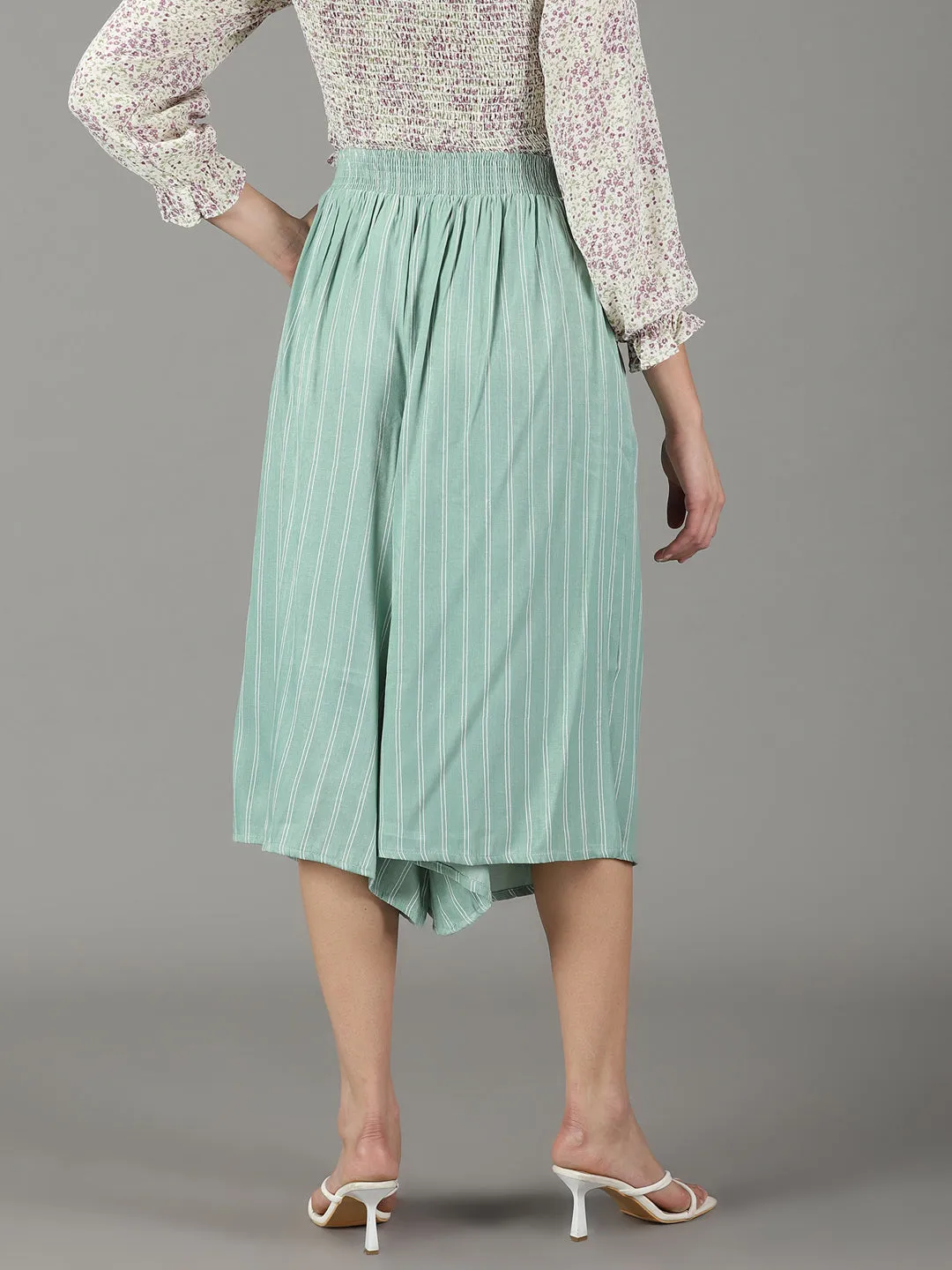 Women Sea Green Flared High-Rise Culottes Trousers