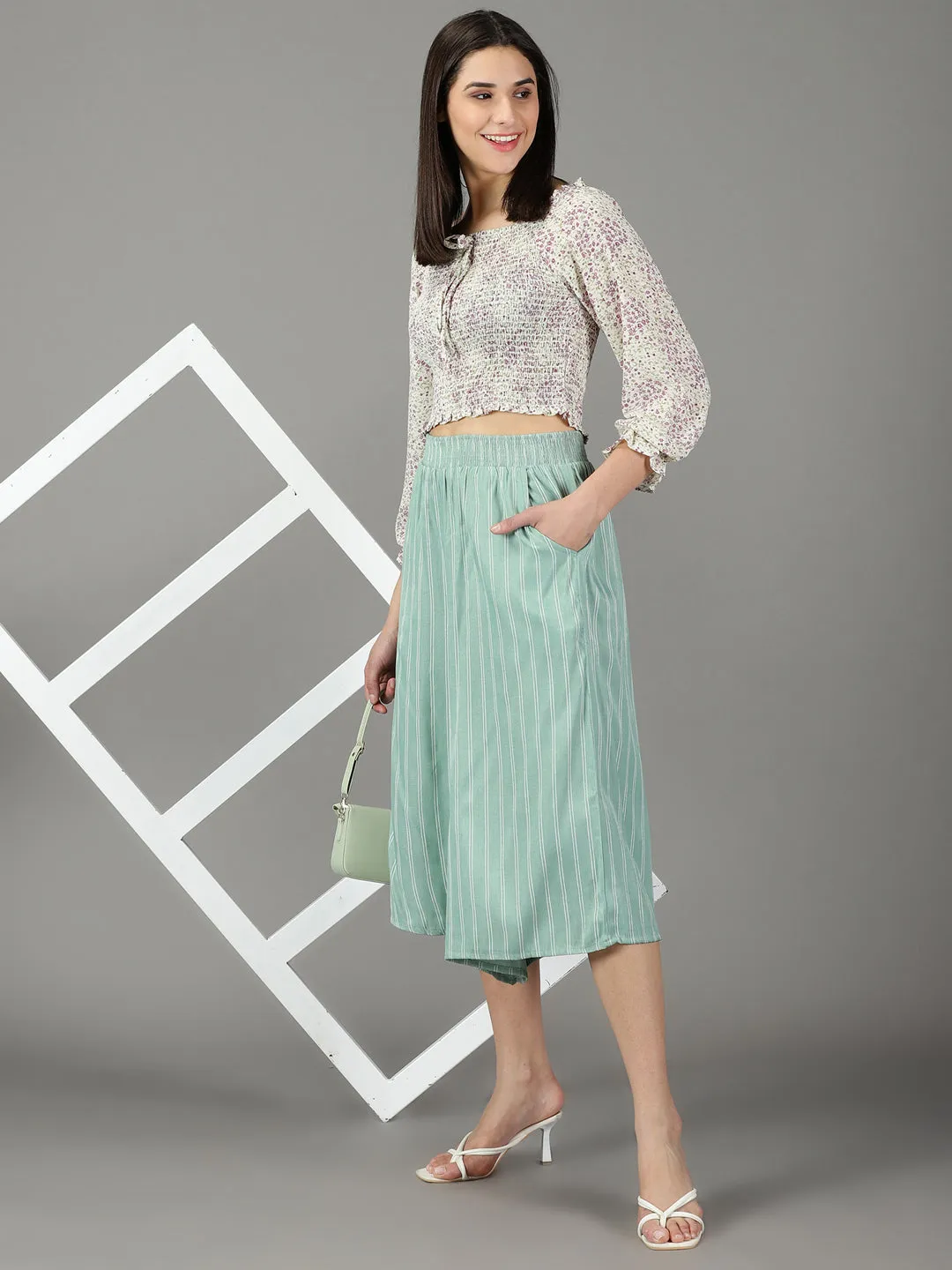 Women Sea Green Flared High-Rise Culottes Trousers