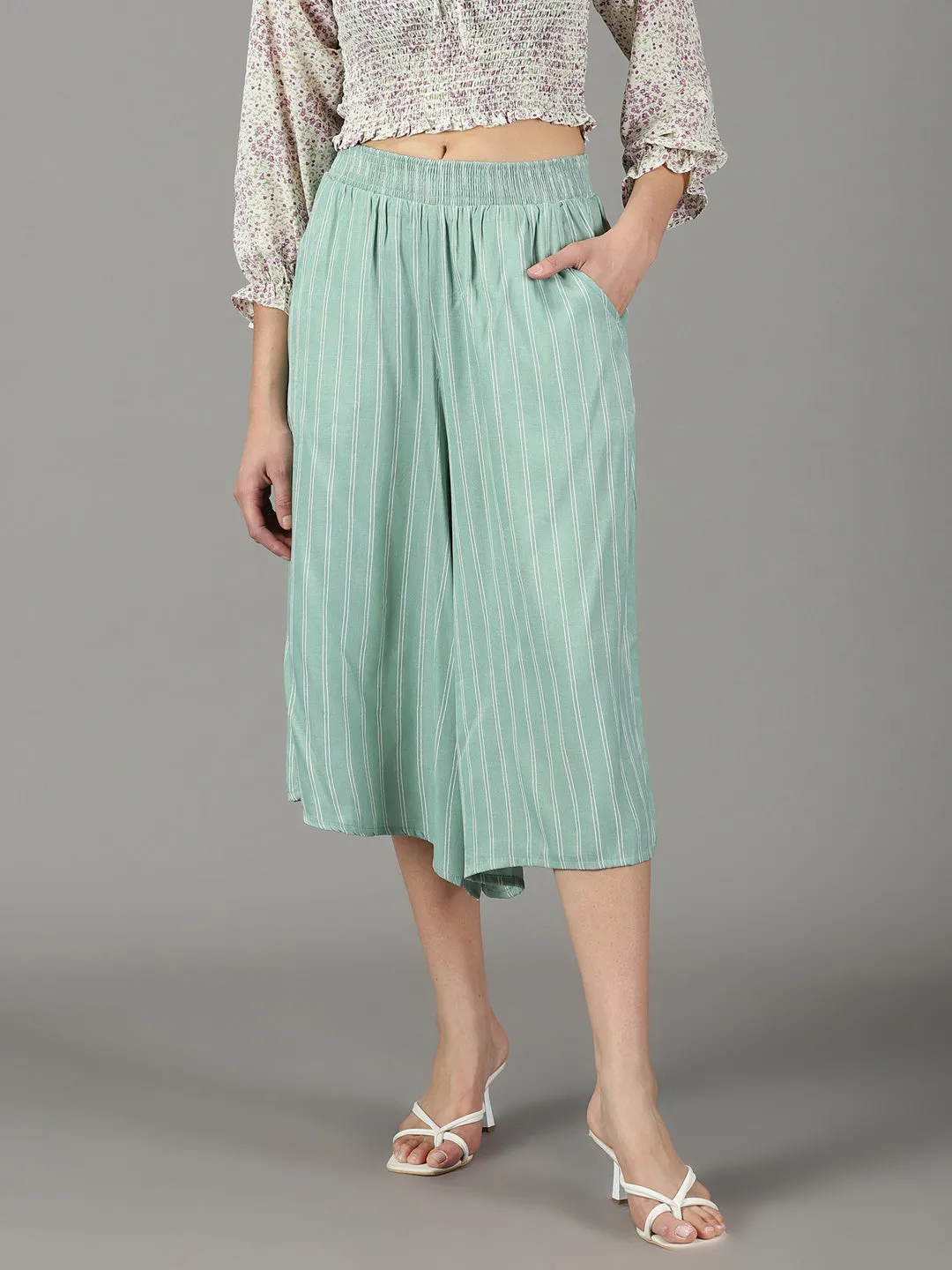 Women Sea Green Flared High-Rise Culottes Trousers