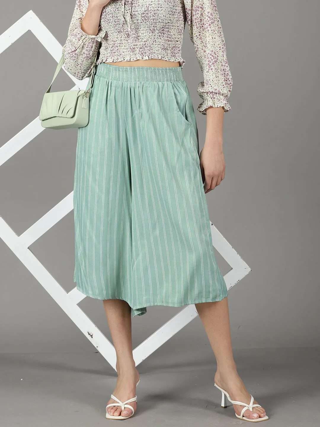 Women Sea Green Flared High-Rise Culottes Trousers
