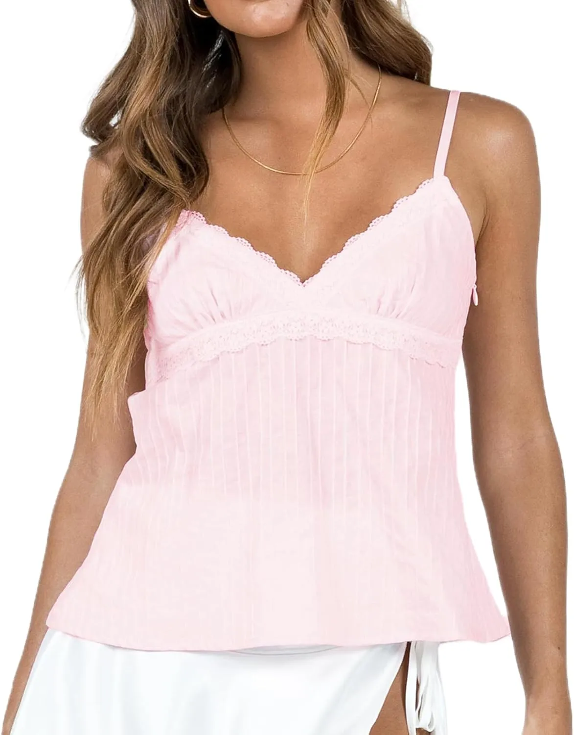 Women Sexy Ruffle Hem V Neck Cami Sleeveless Low Cut Lace Patchwork Camisole Spaghetti Strap Sheer Mesh Pleated Top