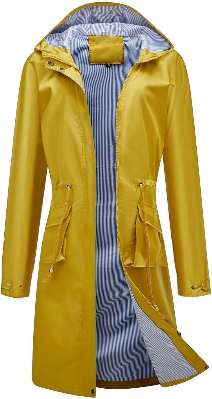 Women Waterproof Lightweight Long Rain Jacket Outdoor Casual Hooded Long Trench Coat