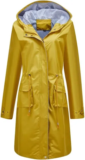 Women Waterproof Lightweight Long Rain Jacket Outdoor Casual Hooded Long Trench Coat