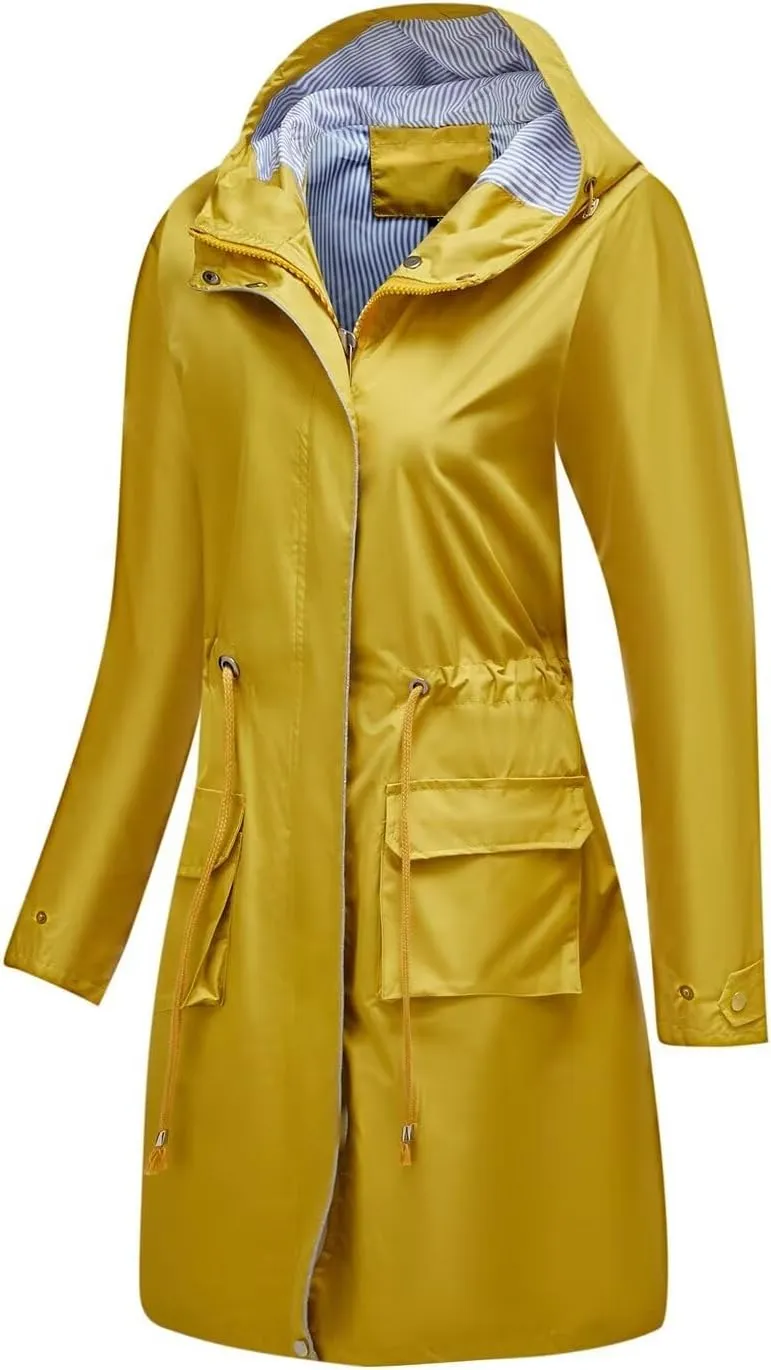 Women Waterproof Lightweight Long Rain Jacket Outdoor Casual Hooded Long Trench Coat