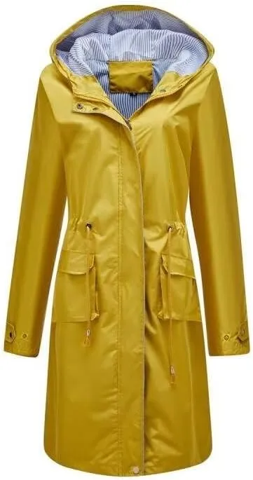 Women Waterproof Lightweight Long Rain Jacket Outdoor Casual Hooded Long Trench Coat