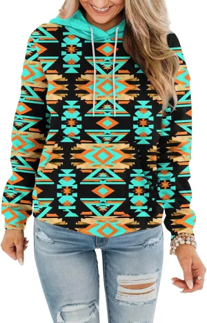 Women Western Ethic Hoodie Aztec Style Print Graphic Sweatshirts Pullover Hooded Pullover Tops Shirts Vintage Clothing
