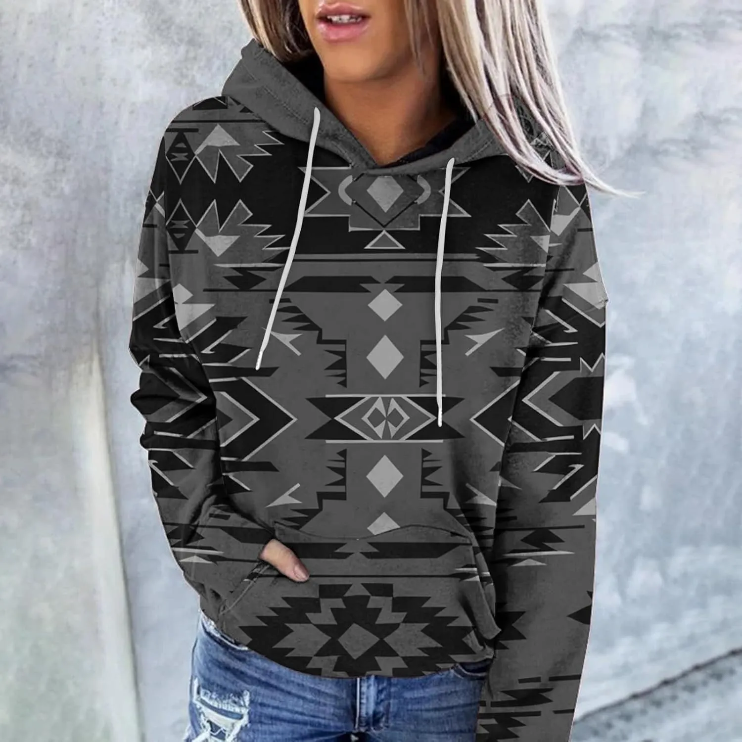 Women Western Ethic Hoodie Aztec Style Print Graphic Sweatshirts Pullover Hooded Pullover Tops Shirts Vintage Clothing