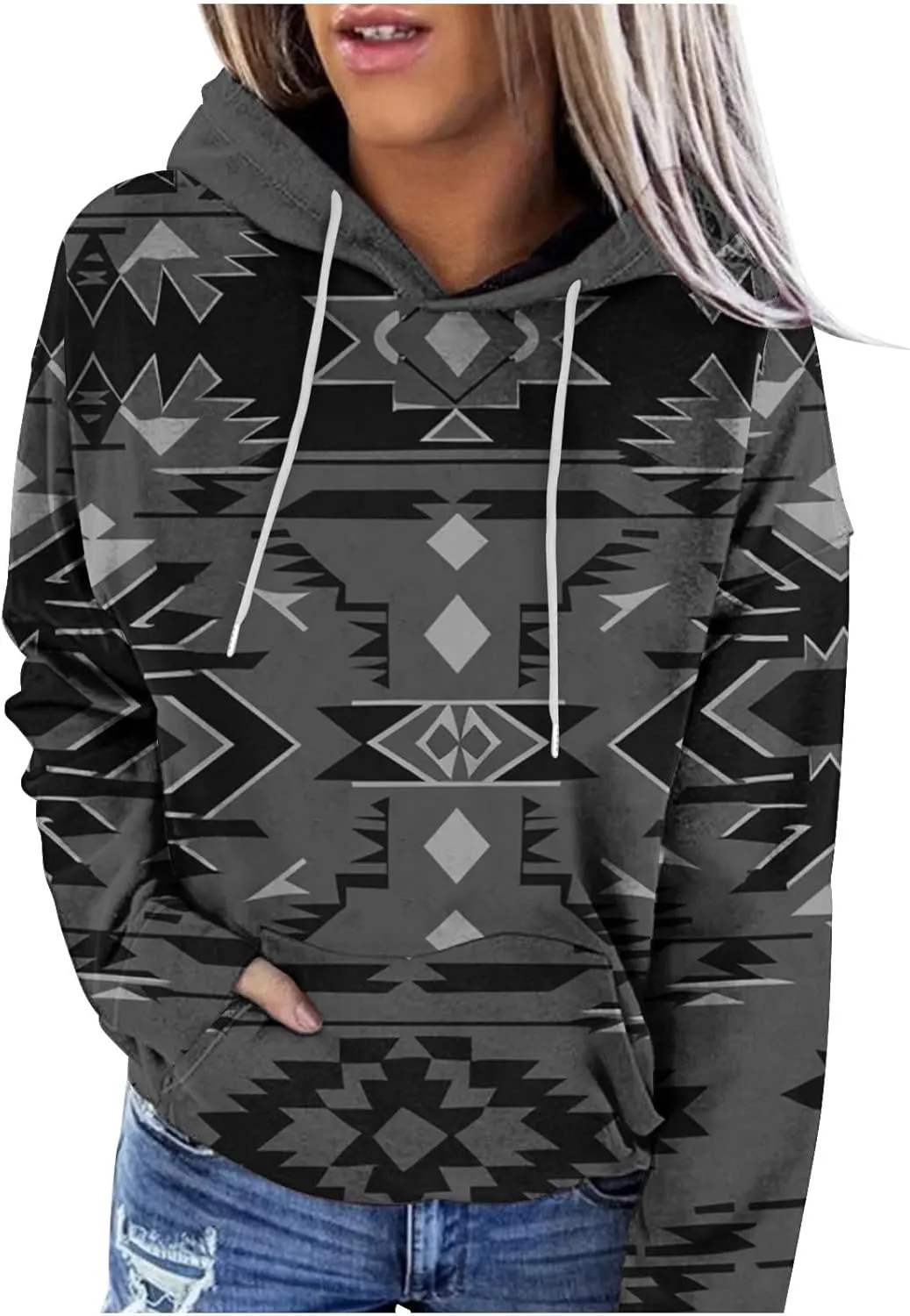 Women Western Ethic Hoodie Aztec Style Print Graphic Sweatshirts Pullover Hooded Pullover Tops Shirts Vintage Clothing