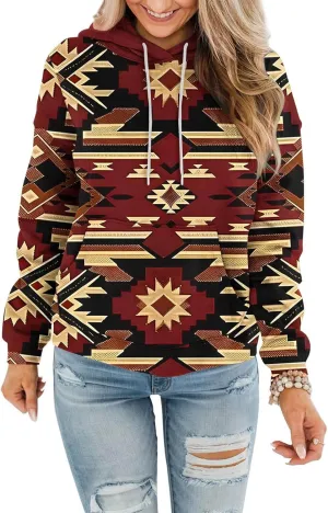 Women Western Ethic Hoodie Aztec Style Print Graphic Sweatshirts Pullover Hooded Pullover Tops Shirts Vintage Clothing