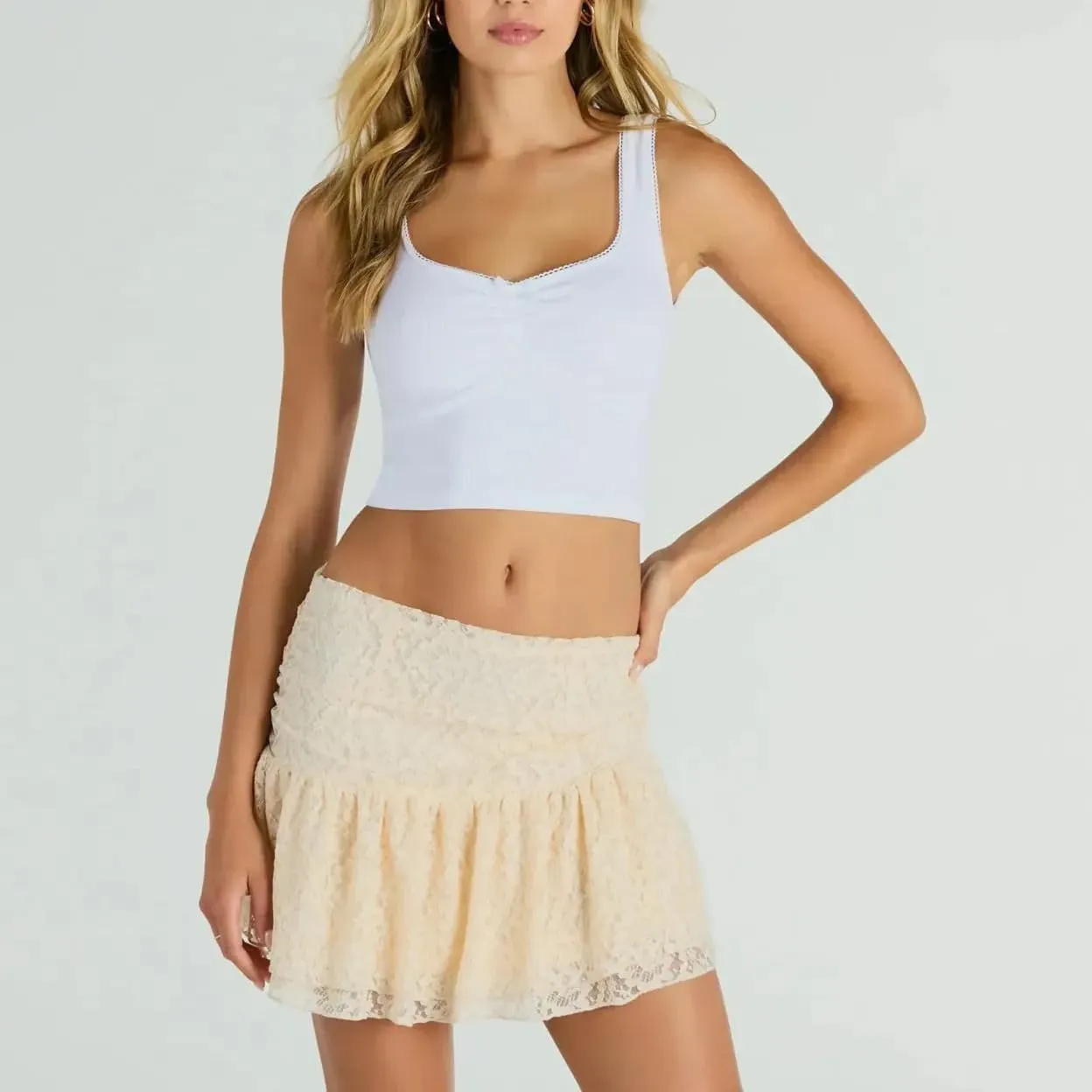 Women Y2k Floral Lace Mini Skirt Low Rise Layered Pleated Skirts Flowy Ruffled A-Line Short Skirts Streetwear
