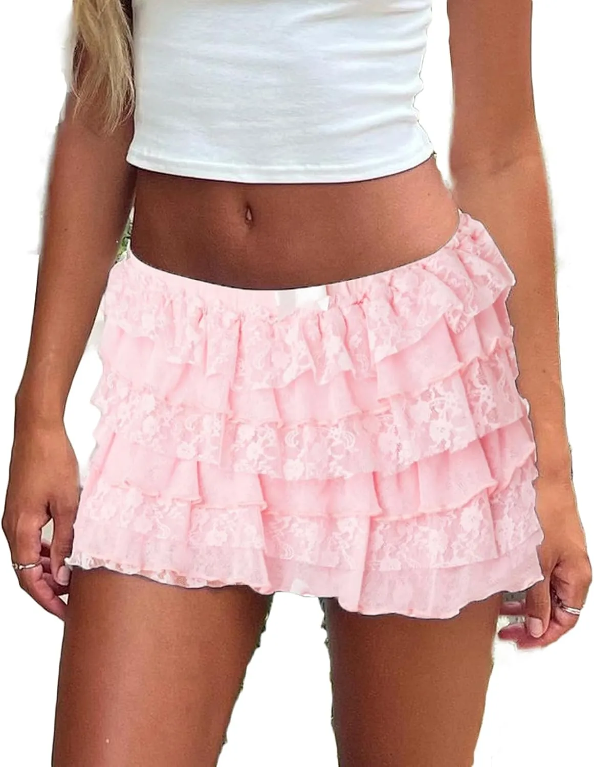 Women Y2K Lace Mini Skirt Low Rise Asymmetrical Pleated Skater Skirt Layered Ruffle Short Skirt