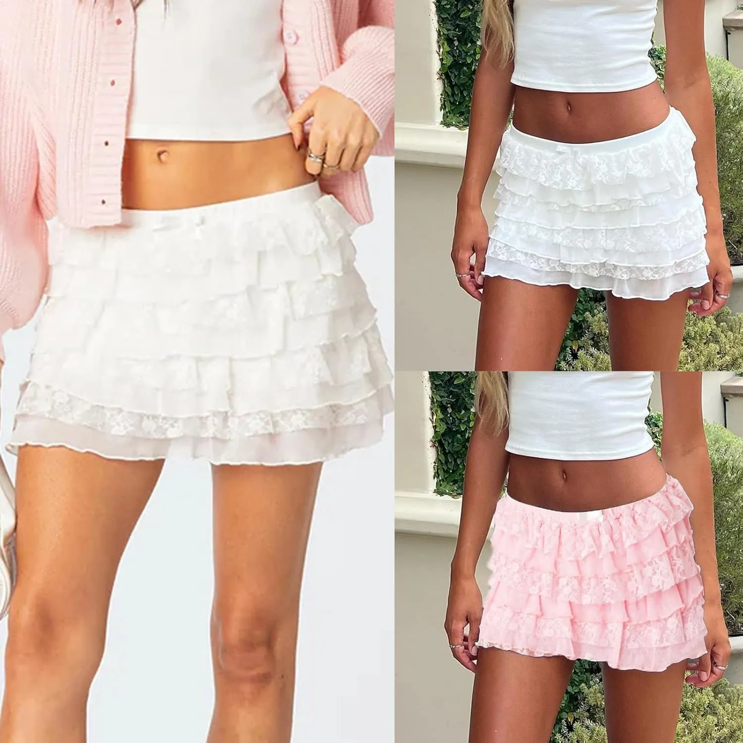 Women Y2k Lace Ruffled Half Slip Skirt Floral Low Rise Pleated Layered Flowy Mini Skirts Aesthetic Underskirt