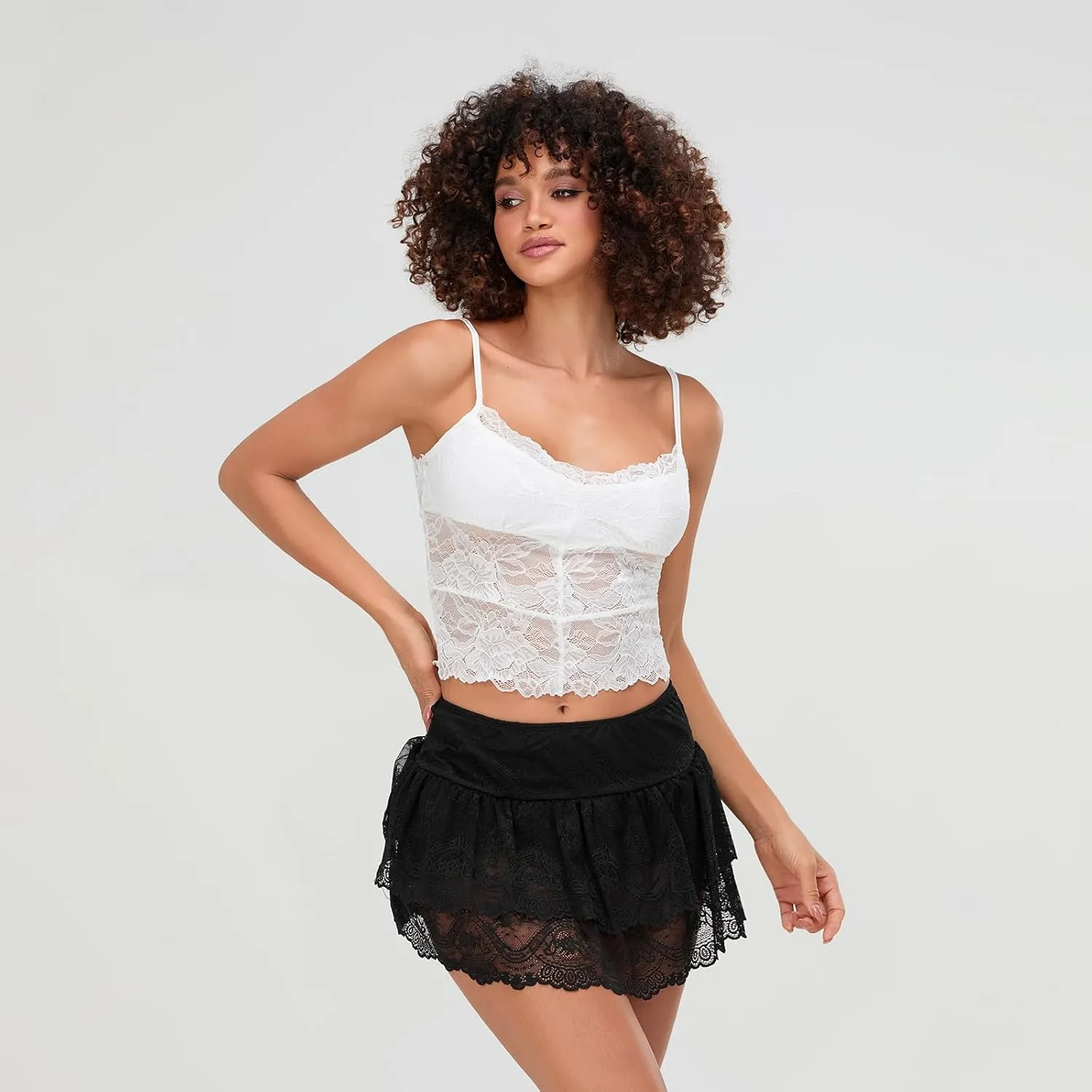 Women Y2k Lace Ruffled Half Slip Skirt Floral Low Rise Pleated Layered Flowy Mini Skirts Aesthetic Underskirt