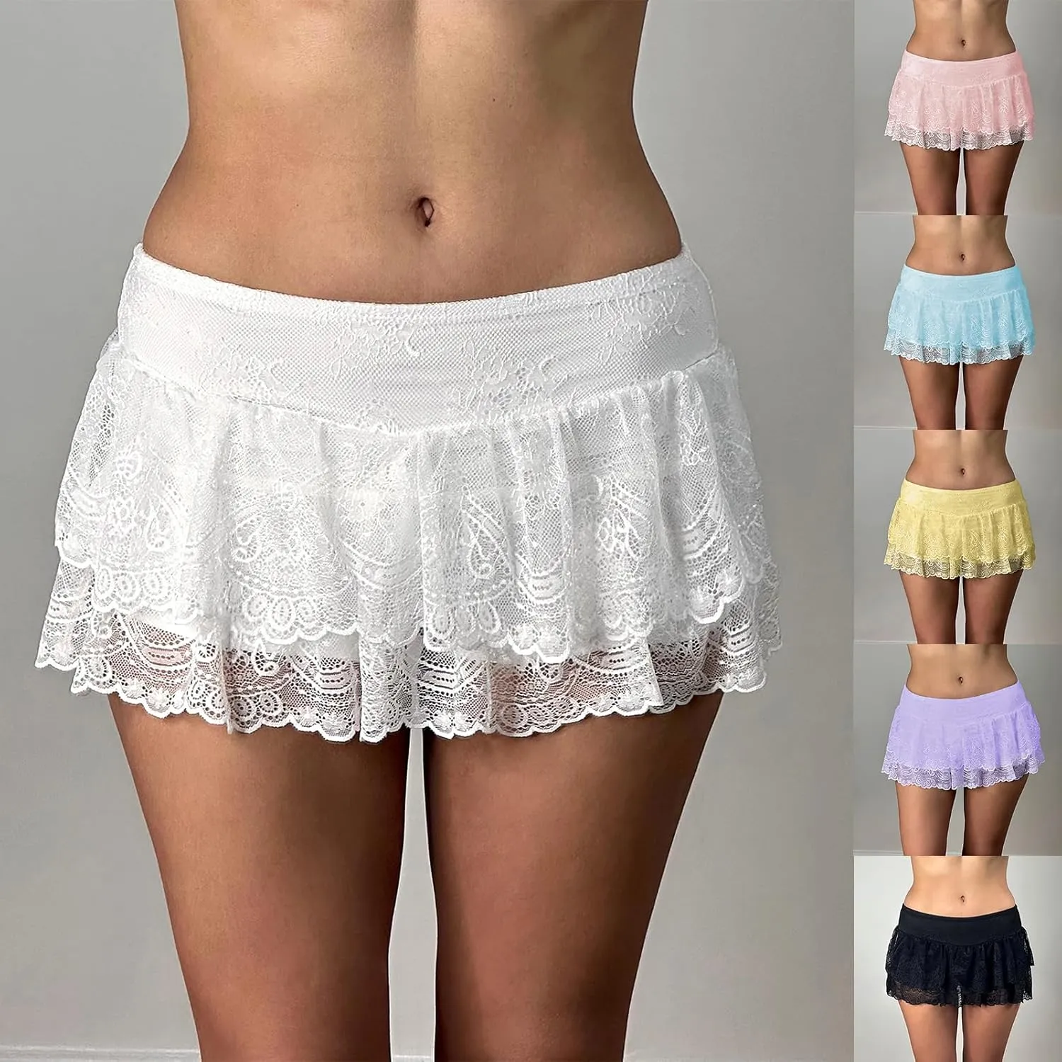 Women Y2k Lace Ruffled Half Slip Skirt Floral Low Rise Pleated Layered Flowy Mini Skirts Aesthetic Underskirt