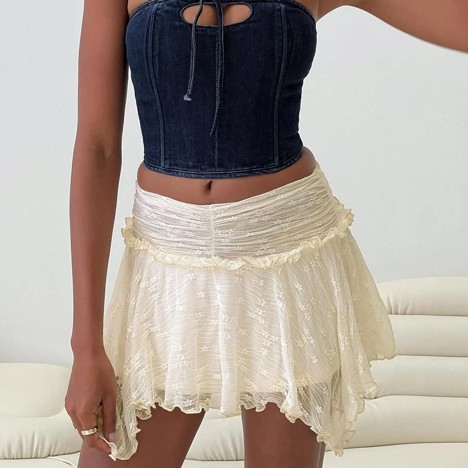 Women Y2k Lace Ruffled Half Slip Skirt Floral Low Rise Pleated Layered Flowy Mini Skirts Aesthetic Underskirt