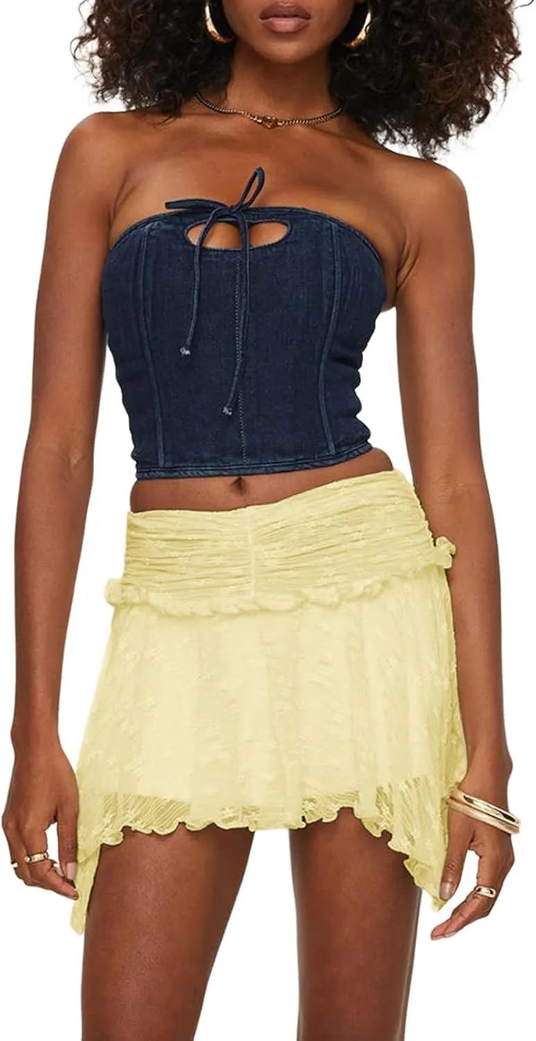 Women Y2k Lace Ruffled Half Slip Skirt Floral Low Rise Pleated Layered Flowy Mini Skirts Aesthetic Underskirt