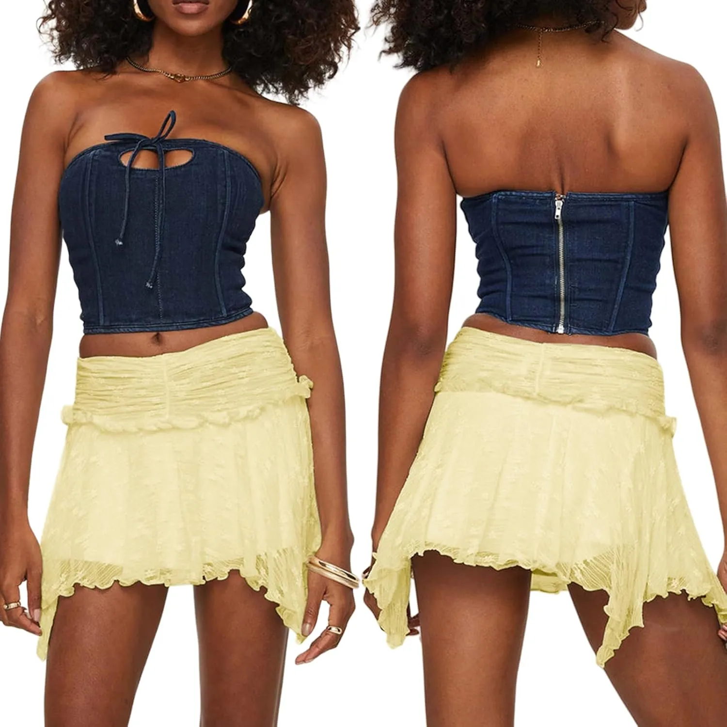 Women Y2k Lace Ruffled Half Slip Skirt Floral Low Rise Pleated Layered Flowy Mini Skirts Aesthetic Underskirt