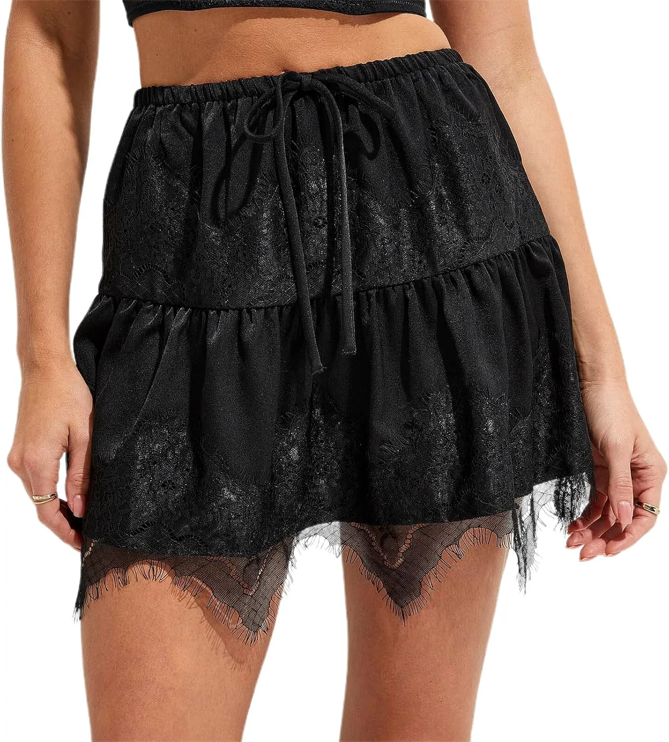 Women Y2k Lace Ruffled Half Slip Skirt Floral Low Rise Pleated Layered Flowy Mini Skirts Aesthetic Underskirt