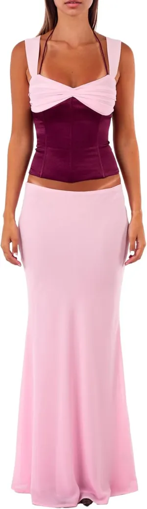 Womens 2 Piece Skirts Sets Sweetheart Ruched Criss-Corss Tie Up Crop Top and Maxi Skirts Streetwear Two Piece Sets Outfits