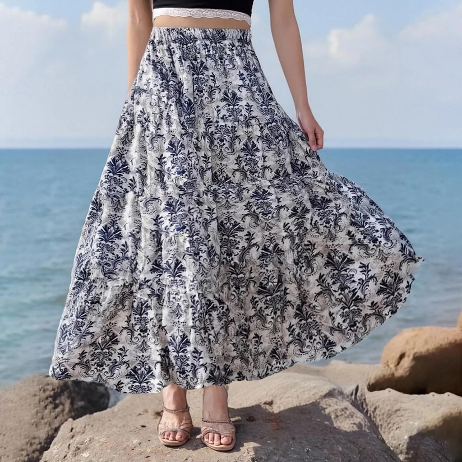 Women's 2025 Bohemian Long Skirts Elastic High Waist A Line Maxi Skirts Summer Casual Pleated Flowy Skirts