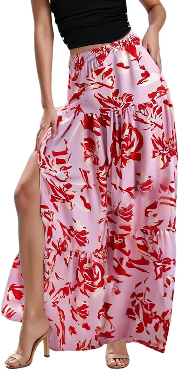 Women's 2025 Bohemian Long Skirts Elastic High Waist A Line Maxi Skirts Summer Casual Pleated Flowy Skirts