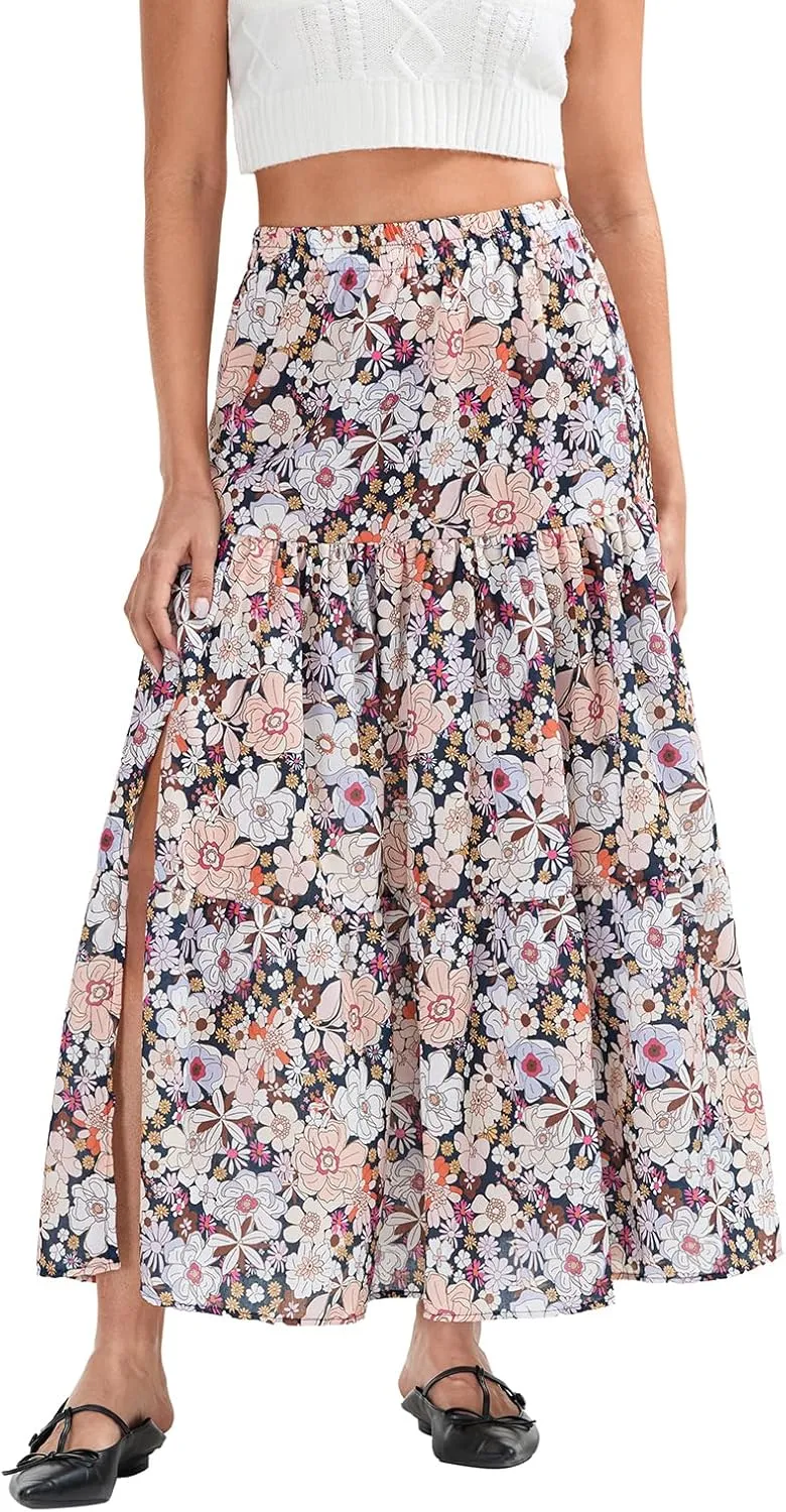 Women's 2025 Bohemian Long Skirts Elastic High Waist A Line Maxi Skirts Summer Casual Pleated Flowy Skirts