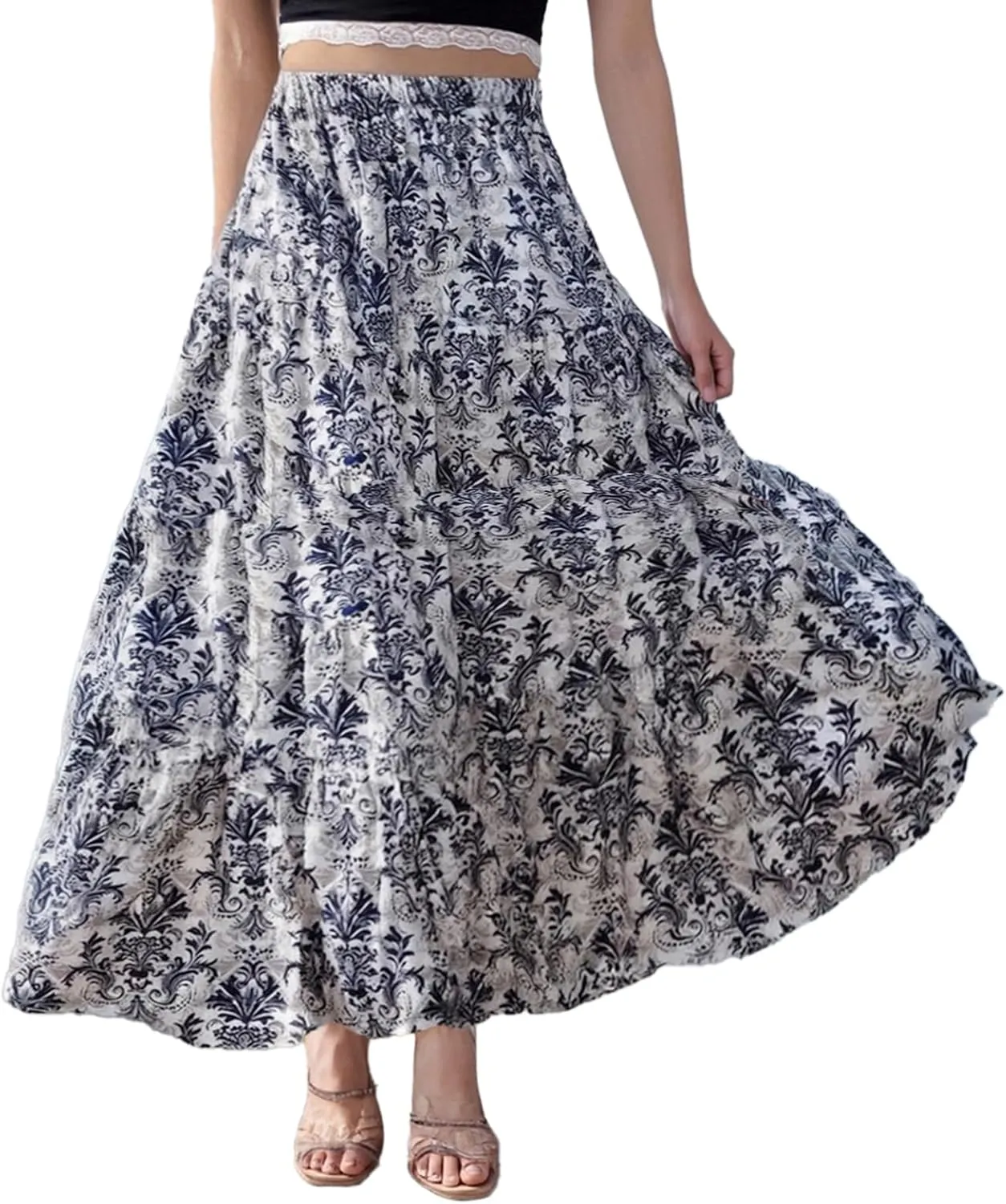 Women's 2025 Bohemian Long Skirts Elastic High Waist A Line Maxi Skirts Summer Casual Pleated Flowy Skirts