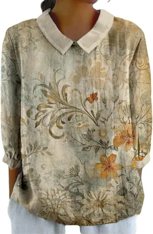Womens 3/4 Sleeve Collared Boho Tops Ladies Vintage Blouses Dressy Casual Graphic Tees Loose Fit Pullover Summer Tops