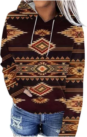 Womens Aztec Ethic Graphic Sweatshirt Western Shirts Hoodies Casual Fall Tops Pullover Cow Country Vintage Outfit