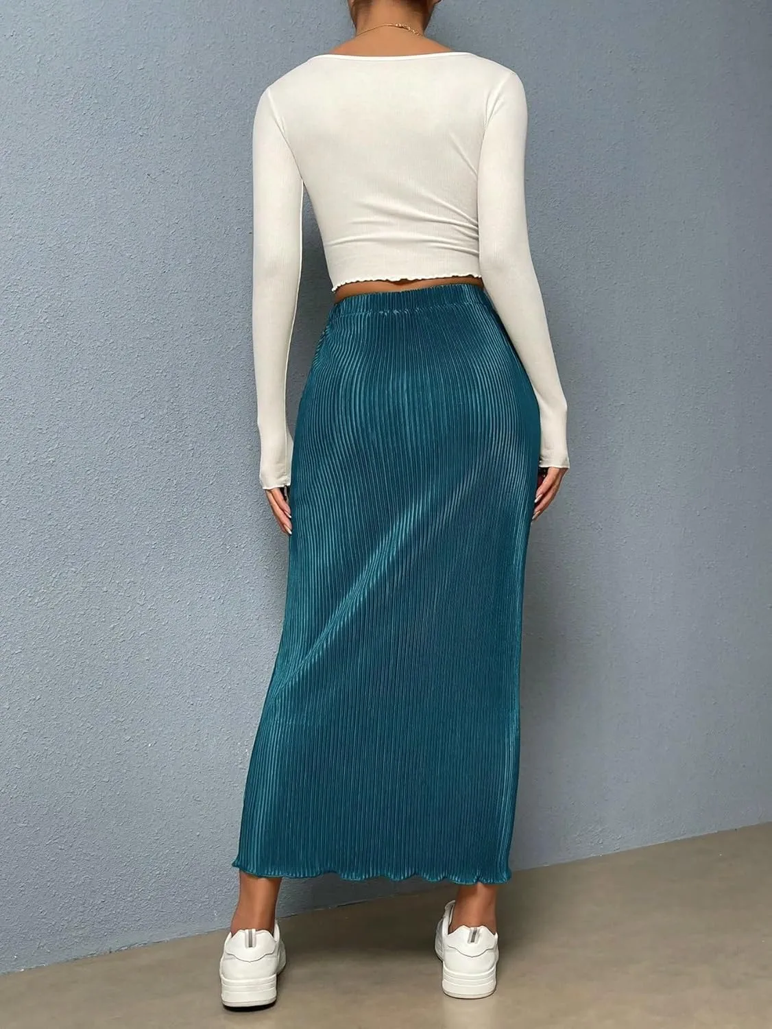 Women's Basic Pencil Elastic Waist Pleated Hem Ruffled Straight Fit Midi Long Skirt Casual Skirts