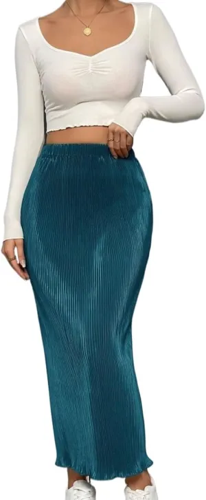 Women's Basic Pencil Elastic Waist Pleated Hem Ruffled Straight Fit Midi Long Skirt Casual Skirts