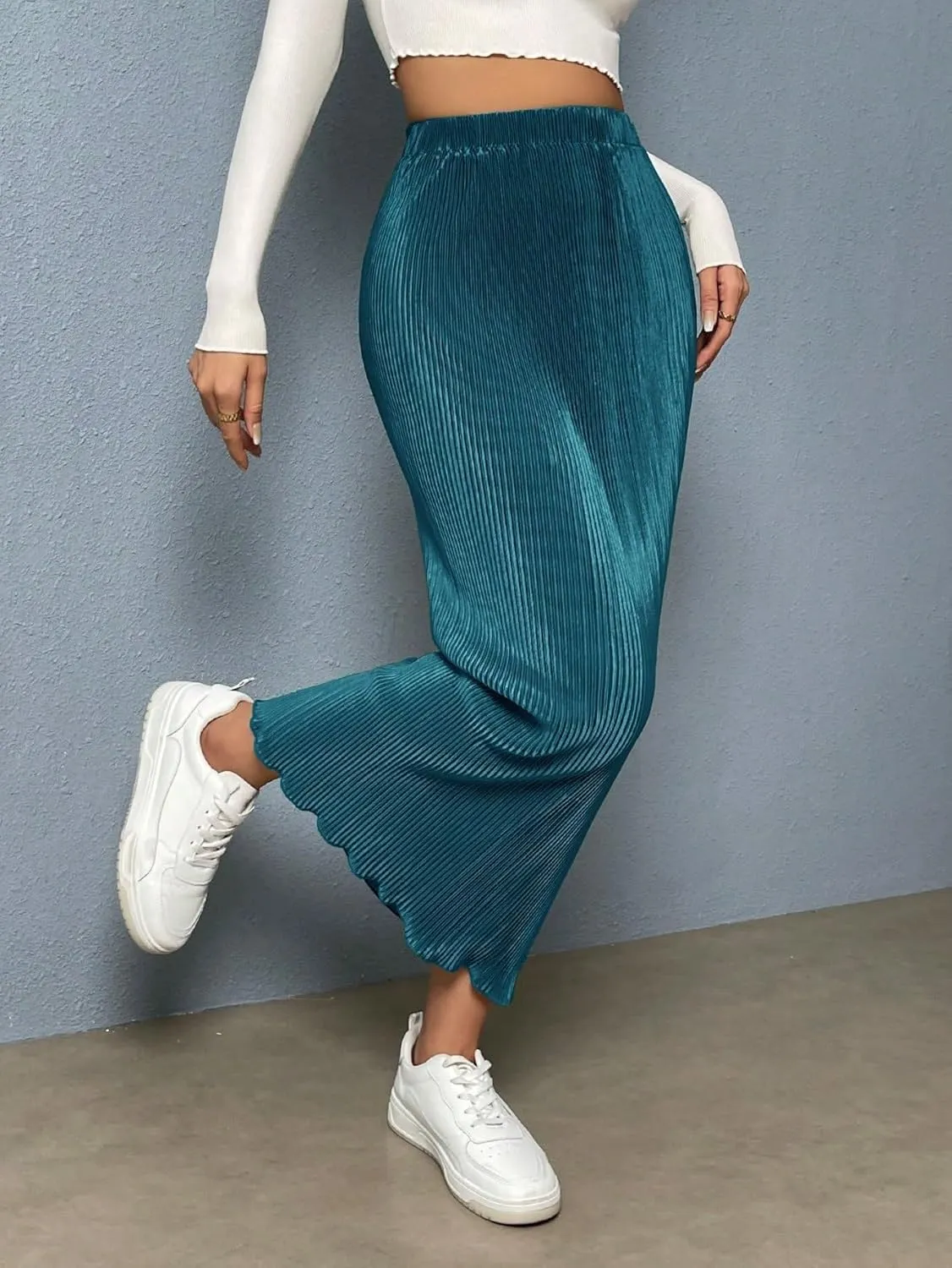 Women's Basic Pencil Elastic Waist Pleated Hem Ruffled Straight Fit Midi Long Skirt Casual Skirts