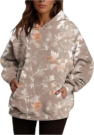 Womens Camo Hoodie Sweatshirt Oversized Maple Leaf Print Cute Hooded Sweatshirt Hoodies Pullover Trendy Fall Clothes
