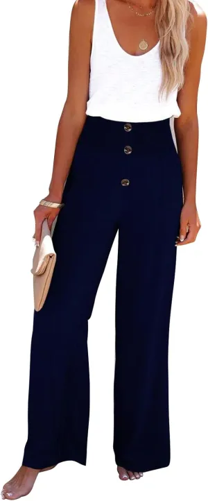 Women's Casual Loose Wide Leg Straight Leg Trousers Solid Color Elastic High Waist Lounge Button Trim Flowy Pant(XL-Navy Blue)