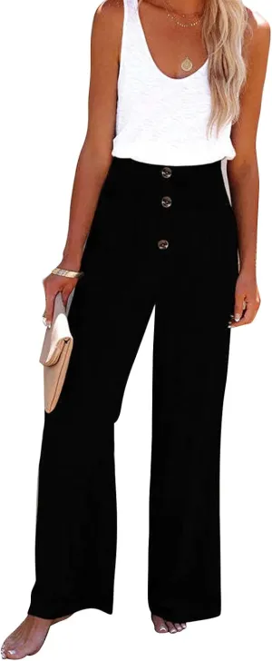 Women's Casual Loose Wide Leg Straight Leg Trousers Solid Color Elastic High Waist Lounge Button Trim Flowy Pant(XXL-Black)