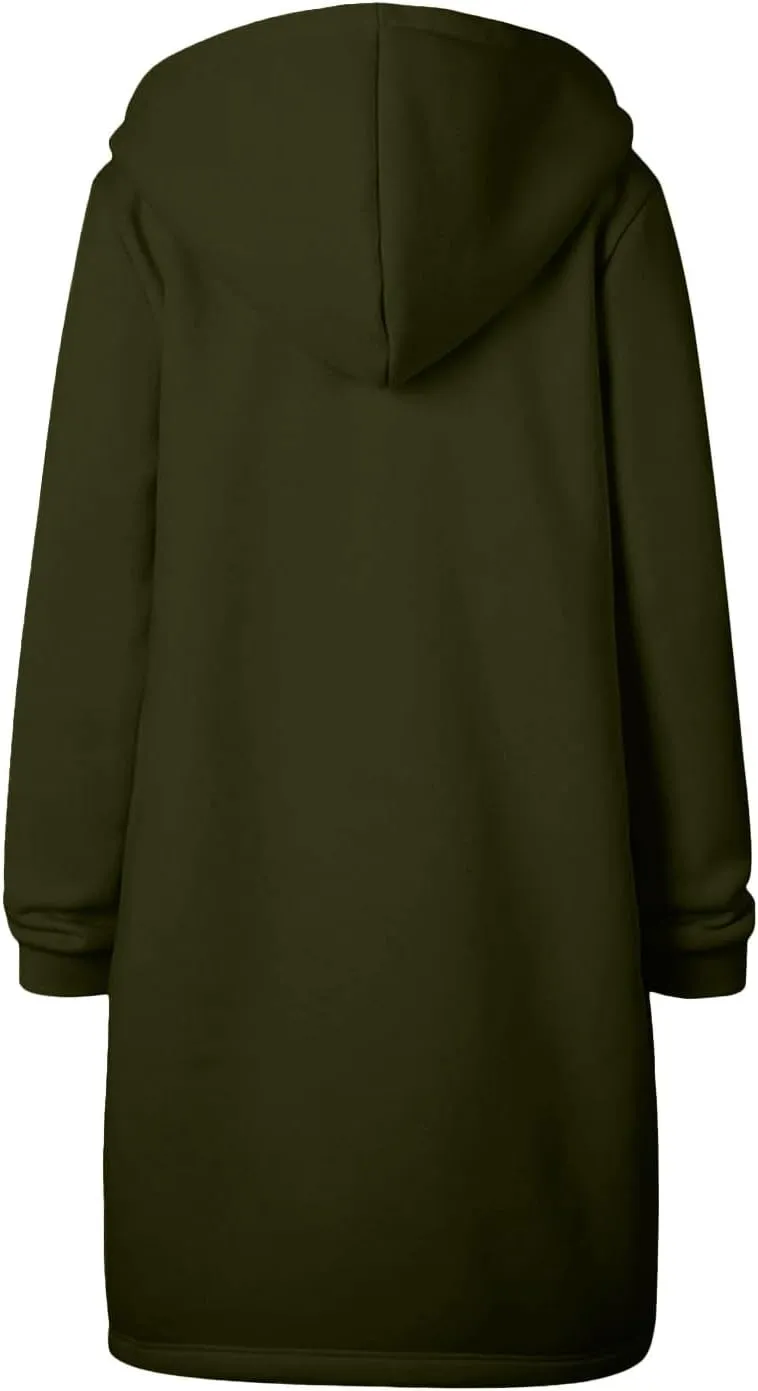 Womens Casual Zip Up Hoodies Fleece Tunic Long Sweatshirts Fall Winter Windproof Hooded Jacket Outerwear with Pockets