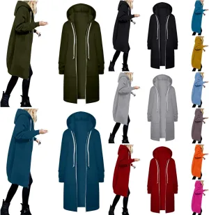 Womens Casual Zip Up Hoodies Fleece Tunic Long Sweatshirts Fall Winter Windproof Hooded Jacket Outerwear with Pockets