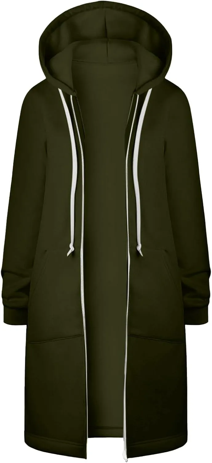 Womens Casual Zip Up Hoodies Fleece Tunic Long Sweatshirts Fall Winter Windproof Hooded Jacket Outerwear with Pockets