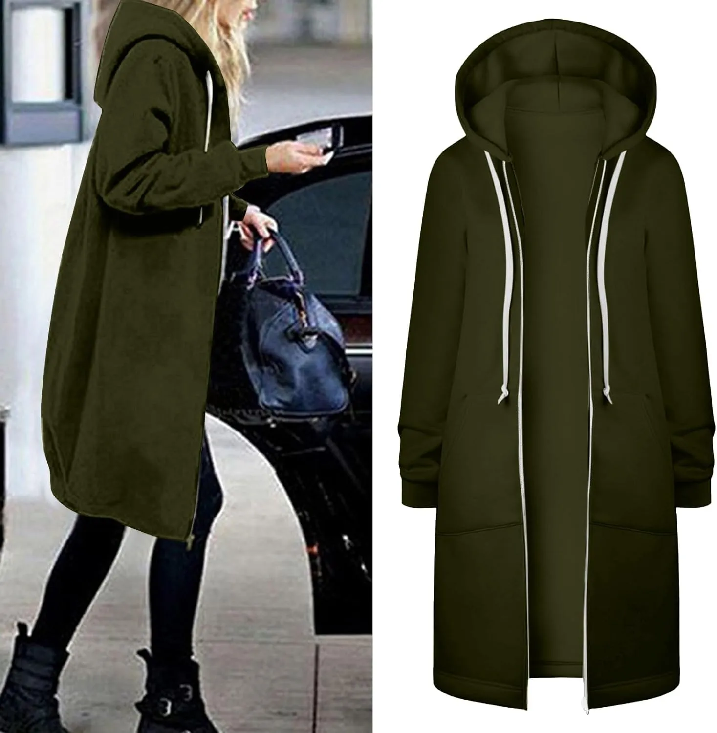 Womens Casual Zip Up Hoodies Fleece Tunic Long Sweatshirts Fall Winter Windproof Hooded Jacket Outerwear with Pockets
