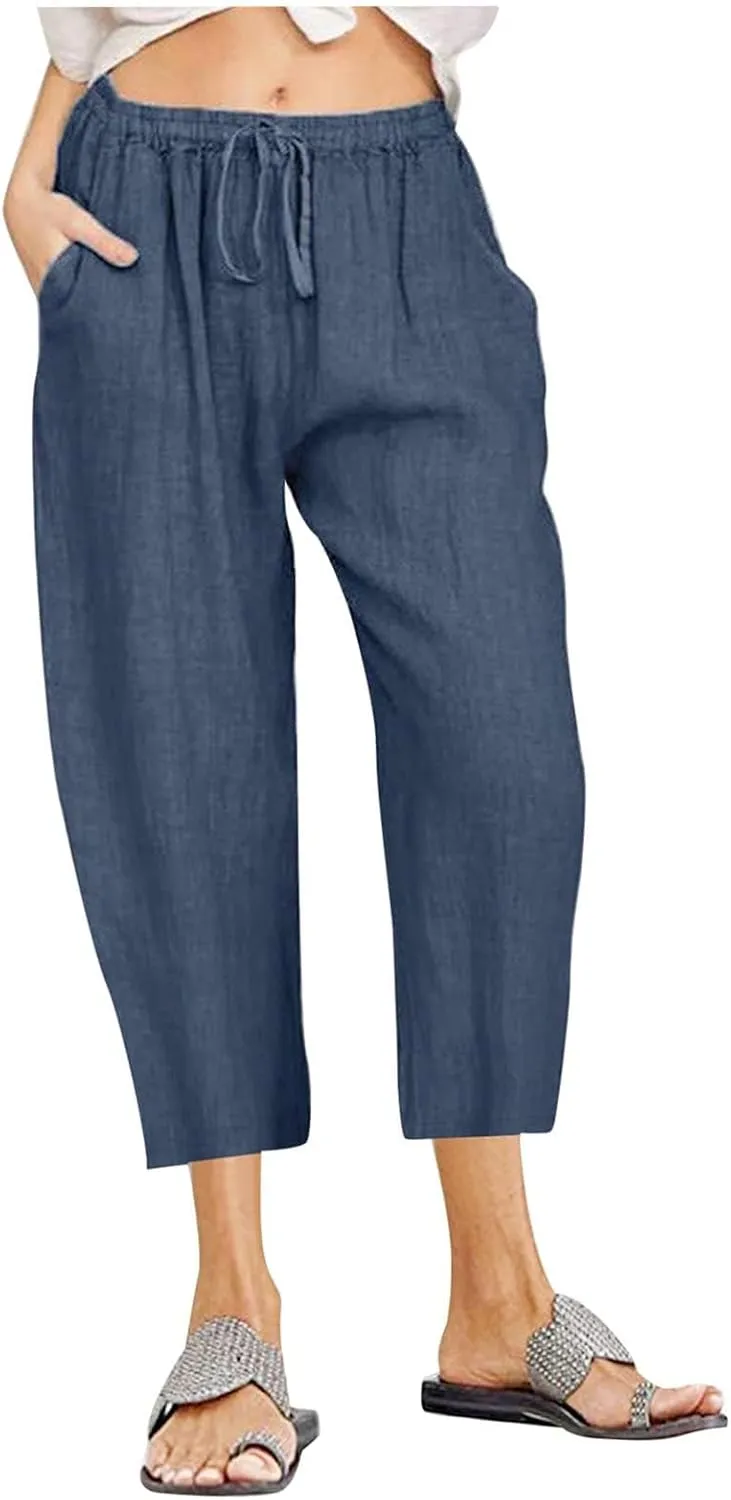 Womens Cotton Linen Capri Pants 2025 Summer Drawstring Elastic High Waist Pant Wide Leg Trouser Beach Cropped Pants