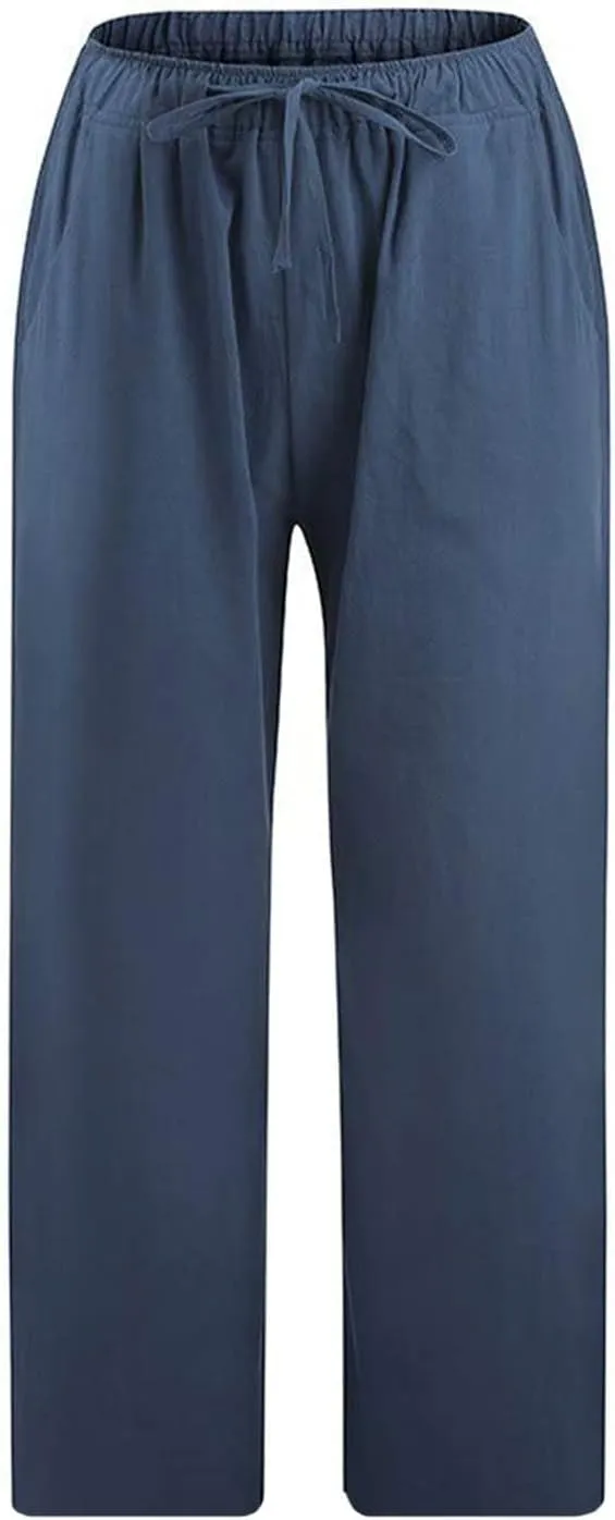 Womens Cotton Linen Capri Pants 2025 Summer Drawstring Elastic High Waist Pant Wide Leg Trouser Beach Cropped Pants