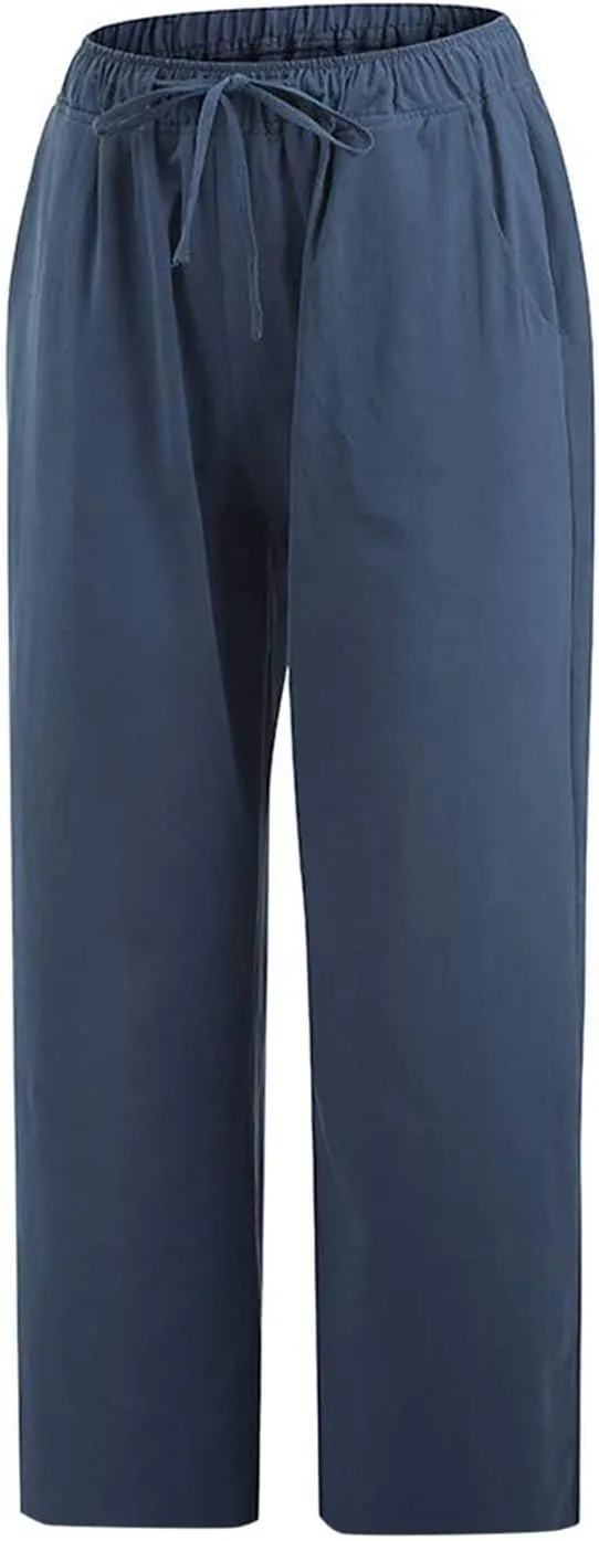 Womens Cotton Linen Capri Pants 2025 Summer Drawstring Elastic High Waist Pant Wide Leg Trouser Beach Cropped Pants