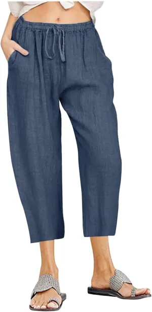 Womens Cotton Linen Capri Pants 2025 Summer Drawstring Elastic High Waist Pant Wide Leg Trouser Beach Cropped Pants