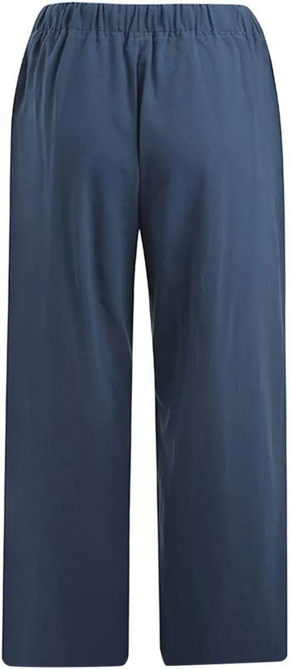 Womens Cotton Linen Capri Pants 2025 Summer Drawstring Elastic High Waist Pant Wide Leg Trouser Beach Cropped Pants
