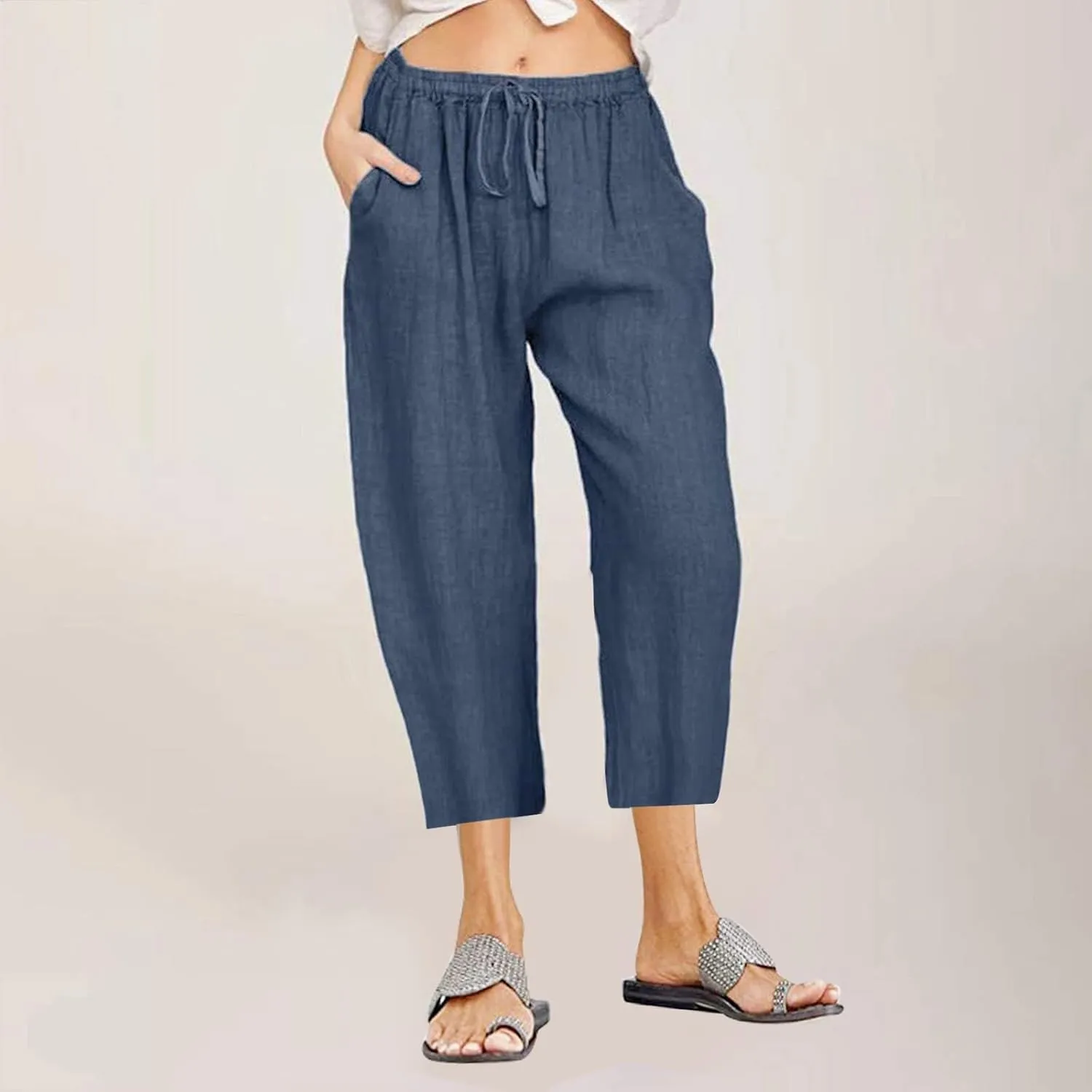 Womens Cotton Linen Capri Pants 2025 Summer Drawstring Elastic High Waist Pant Wide Leg Trouser Beach Cropped Pants